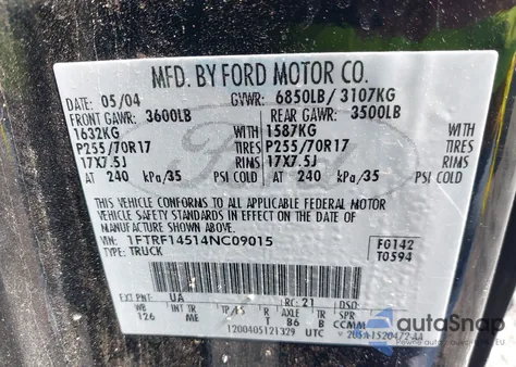 2004 Ford F-150 Fx4/Xl/Xlt z USA, uszkodzony, nr VIN 1FTRF14514NC09015